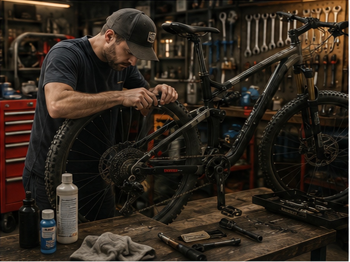 Mountain bike being maintained in a professional workshop