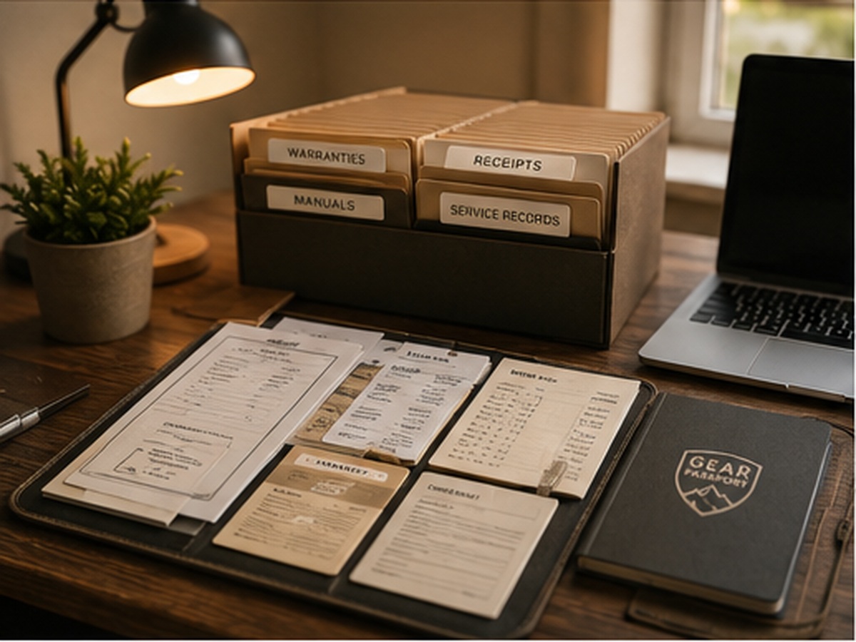 Receipts, warranty documents and equipment records arranged on a desk